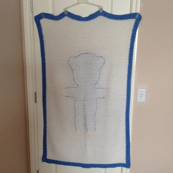 Handmade Knitted Baby Toddlers Teddy Bear Blanket Throw Blue White Soft Warm - Picture 5 of 6